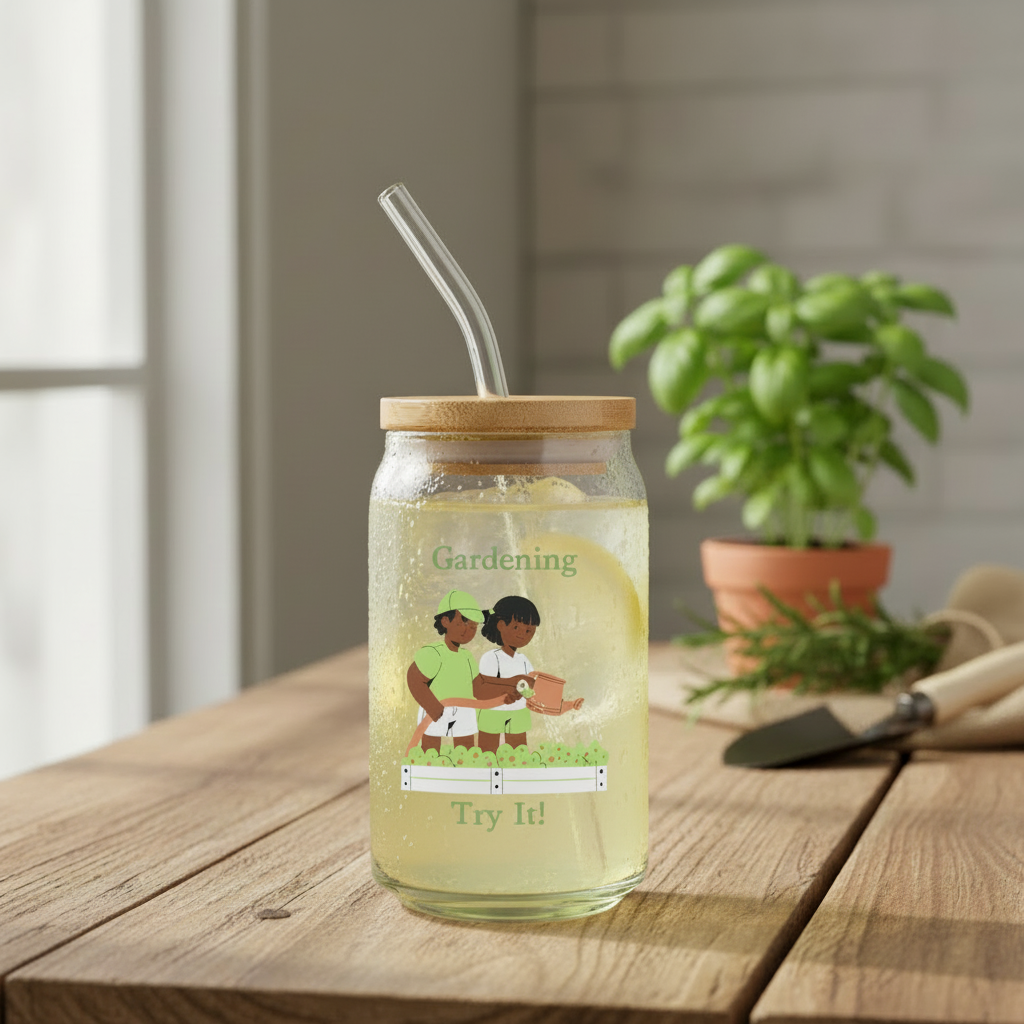 Glass tumbler with straw lid on a wooden table with a plant in the background