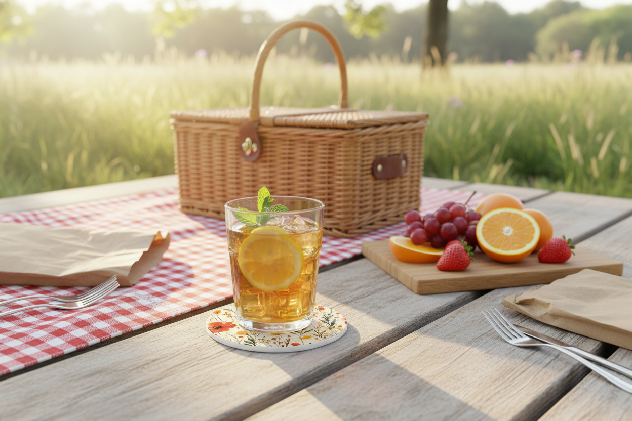 Picnic setup with a glass of iced tea, fruits, and a basket on a wooden table outdoors.