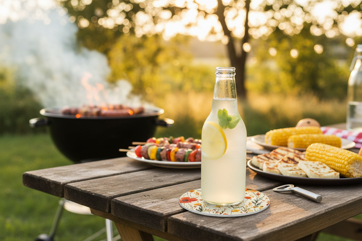 Picnic table with food and drinks in an outdoor setting