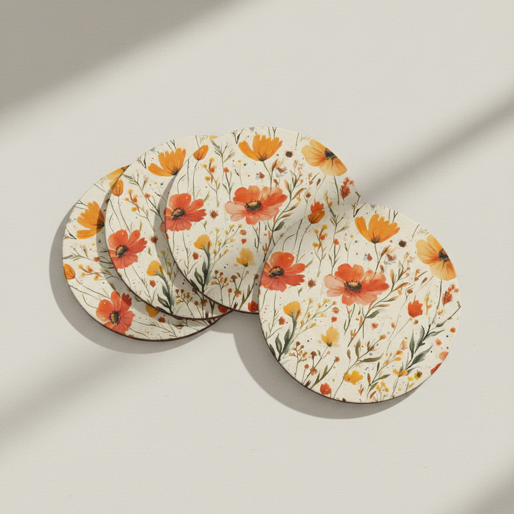 Set of floral coasters on a light background
