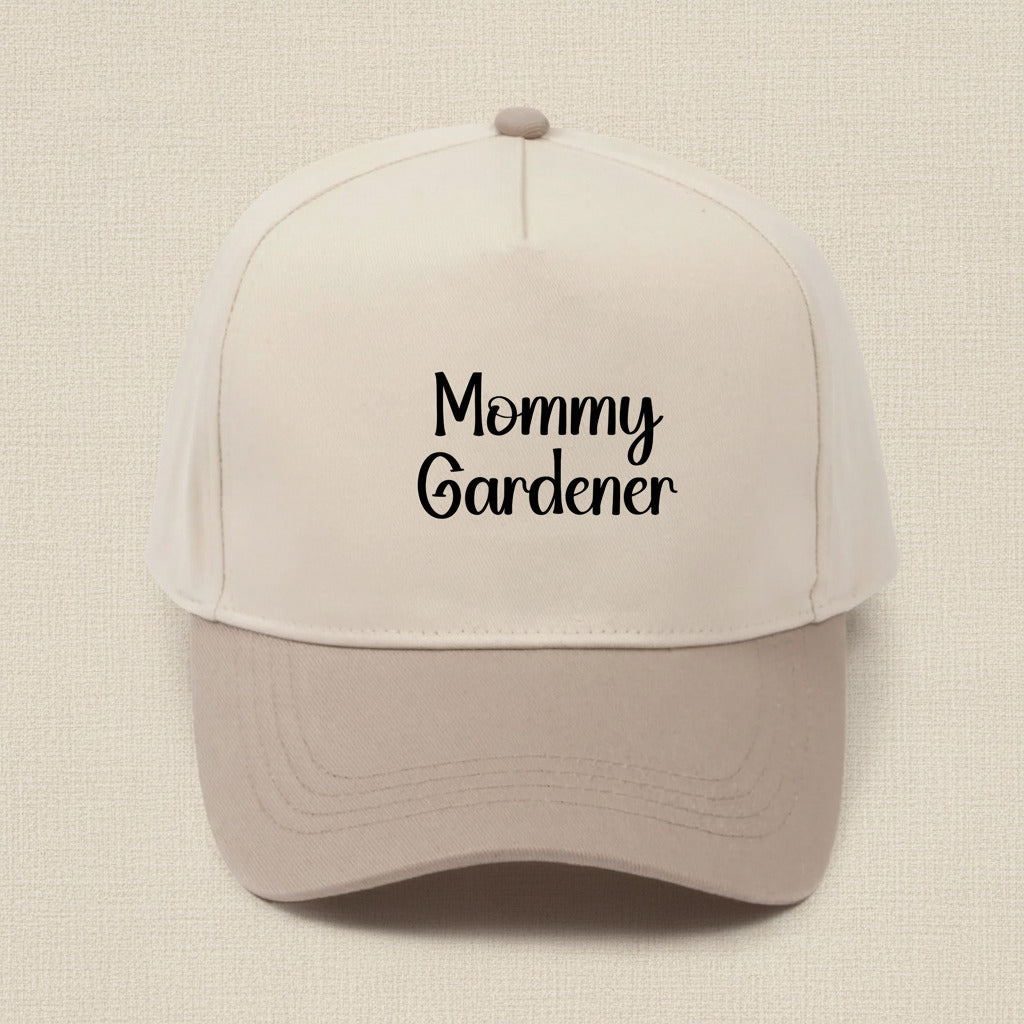 Beige cap with 'Mommy Gardener' text on a white background