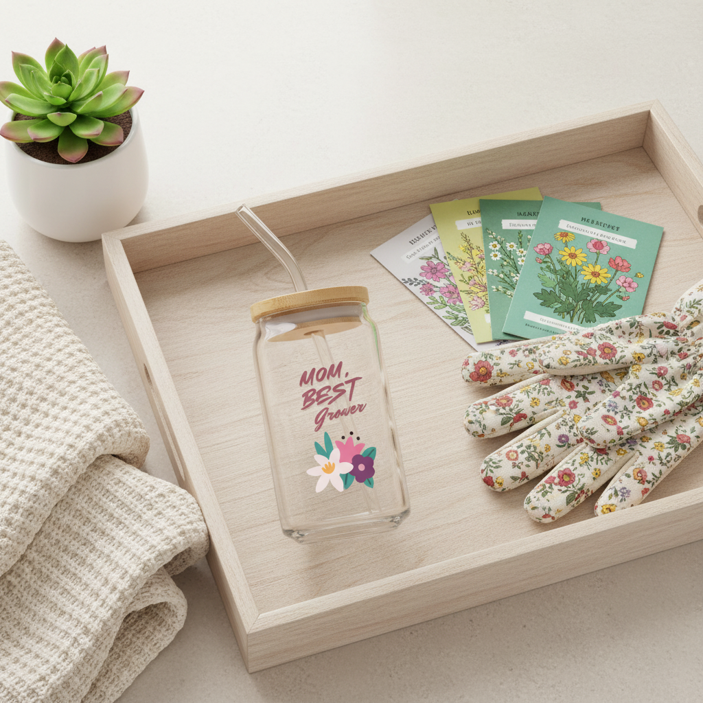 Clear glass jar with wooden lid, floral gardening gloves, and seed packets on a wooden tray.