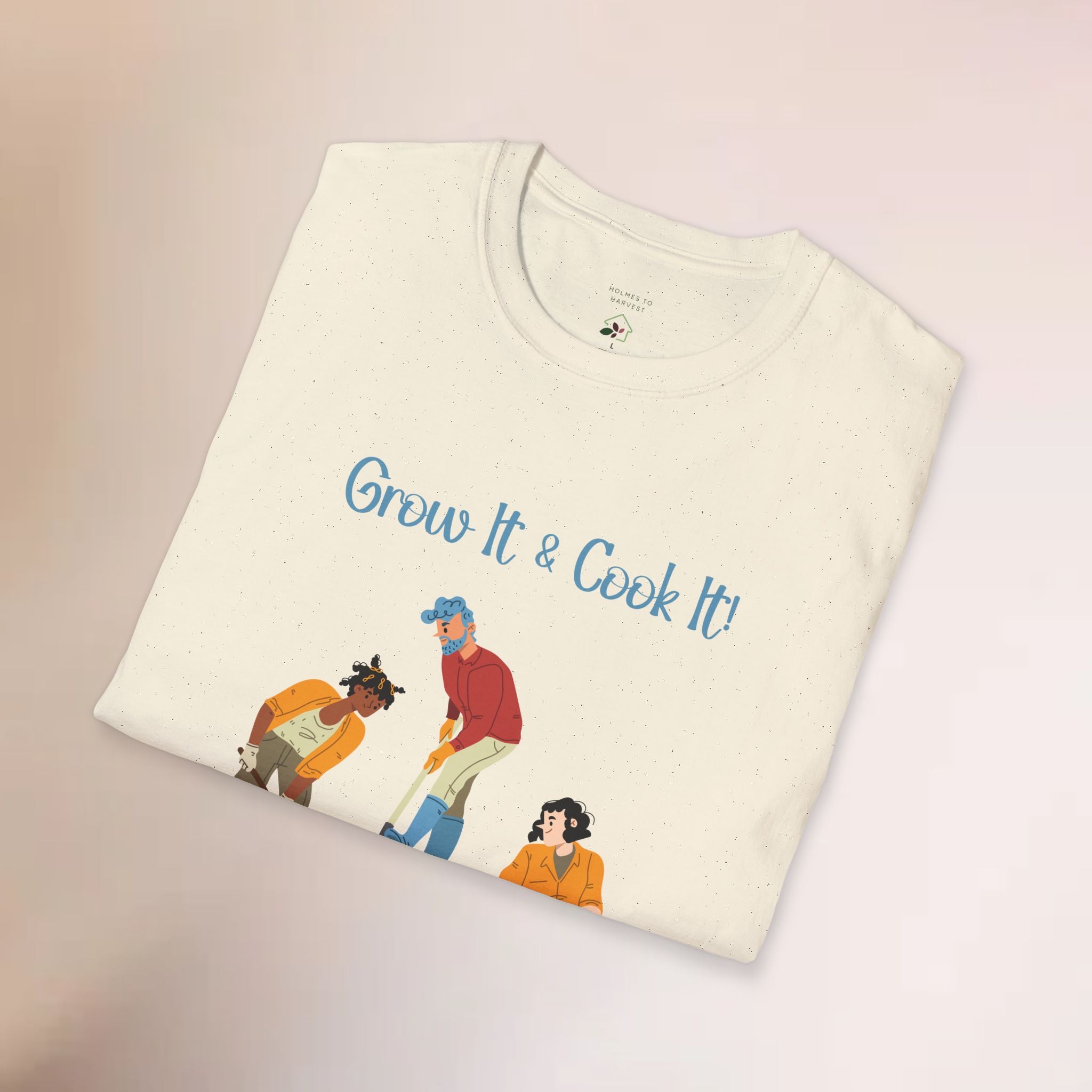 Folded t-shirt with 'Grow It & Cook It!' text and illustrations on a light background