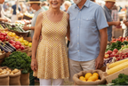 Senior couple standing in a market with produce around them