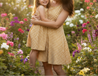 Woman and child in matching yellow dresses standing in a garden with flowers.