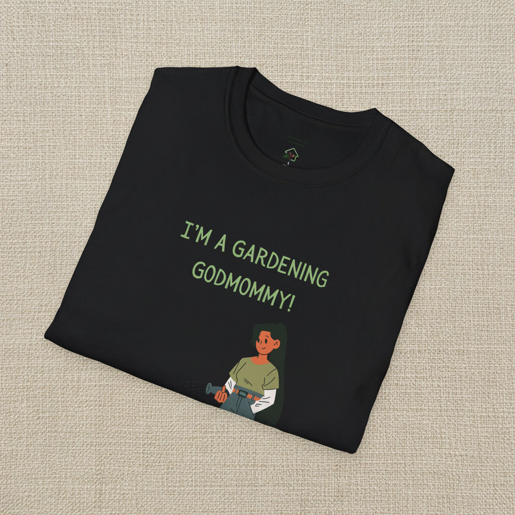 Black t-shirt with 'I'm a gardening godmommy!' text and graphic on a white background