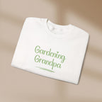 White sweatshirt with 'Gardening Grandpa' text on a beige background