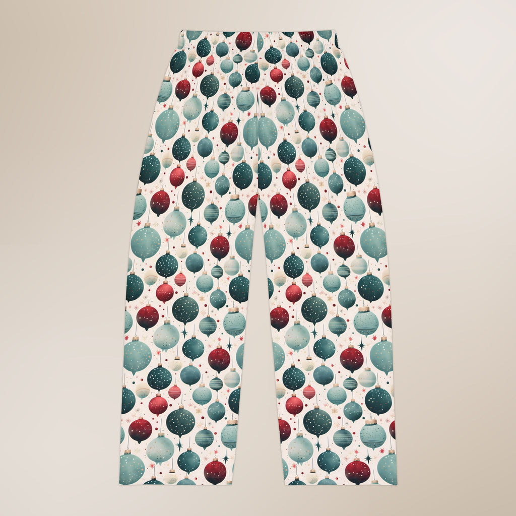 Pajama pants with a colorful pattern of multicolored circles on a beige background