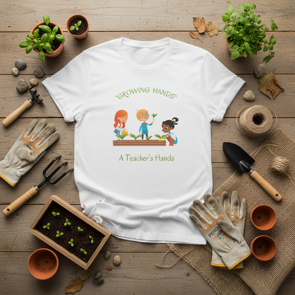 White t-shirt with 'Growing Hands, A Teacher's Hands' design on a wooden surface with gardening tools and plants.