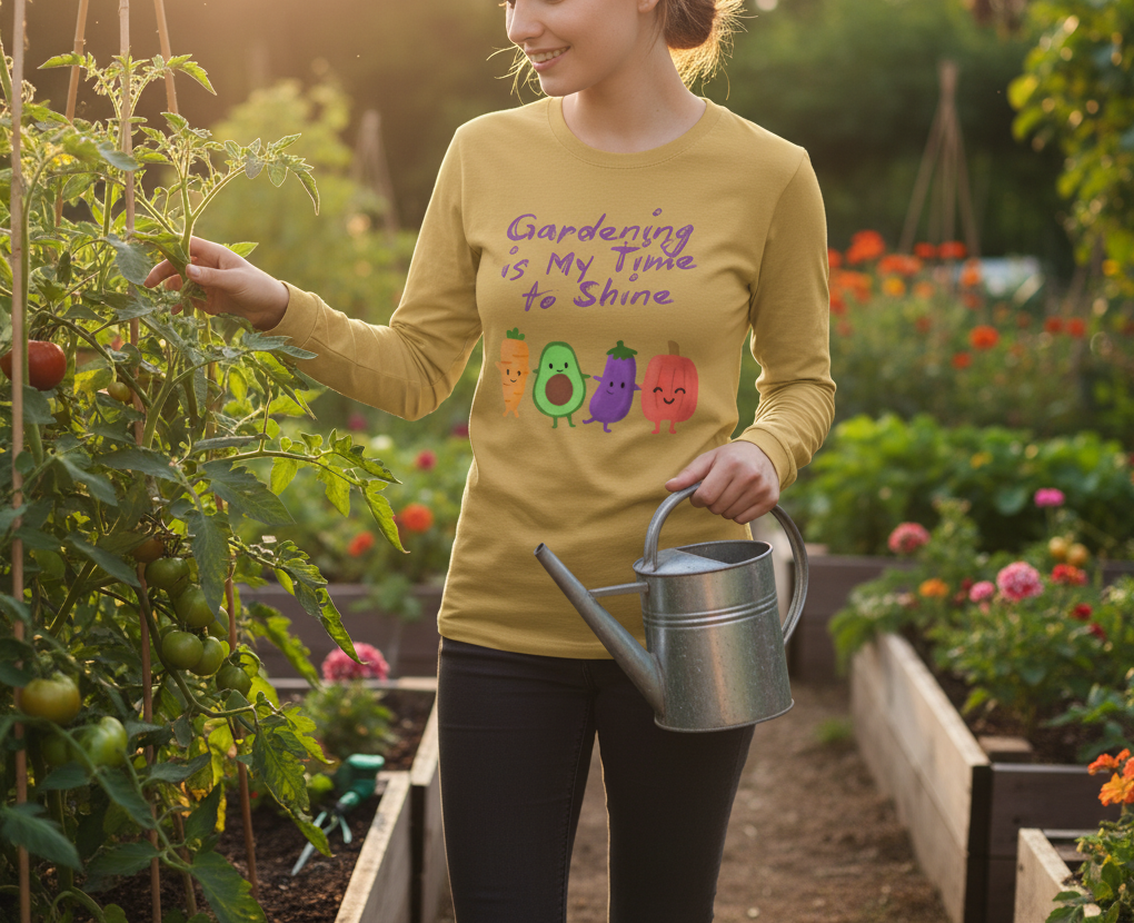 Person in a garden wearing a yellow shirt with gardening-themed design, holding a watering can.
