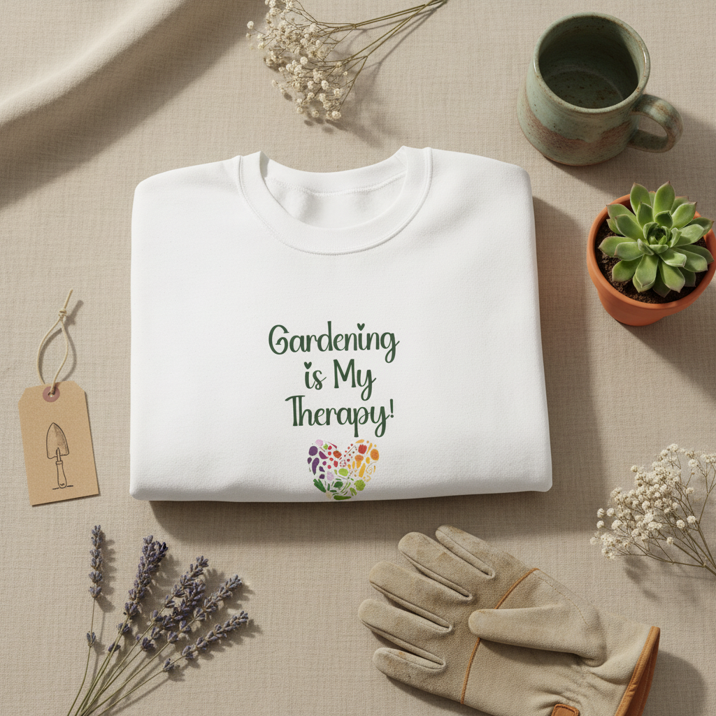 A folded white crewneck sweatshirt with the text 'Gardening is My Therapy!' and a colorful flower heart graphic, styled in a flat lay with gardening gloves, a small potted succulent, dried flowers, a tag, and a mug on a beige fabric background.