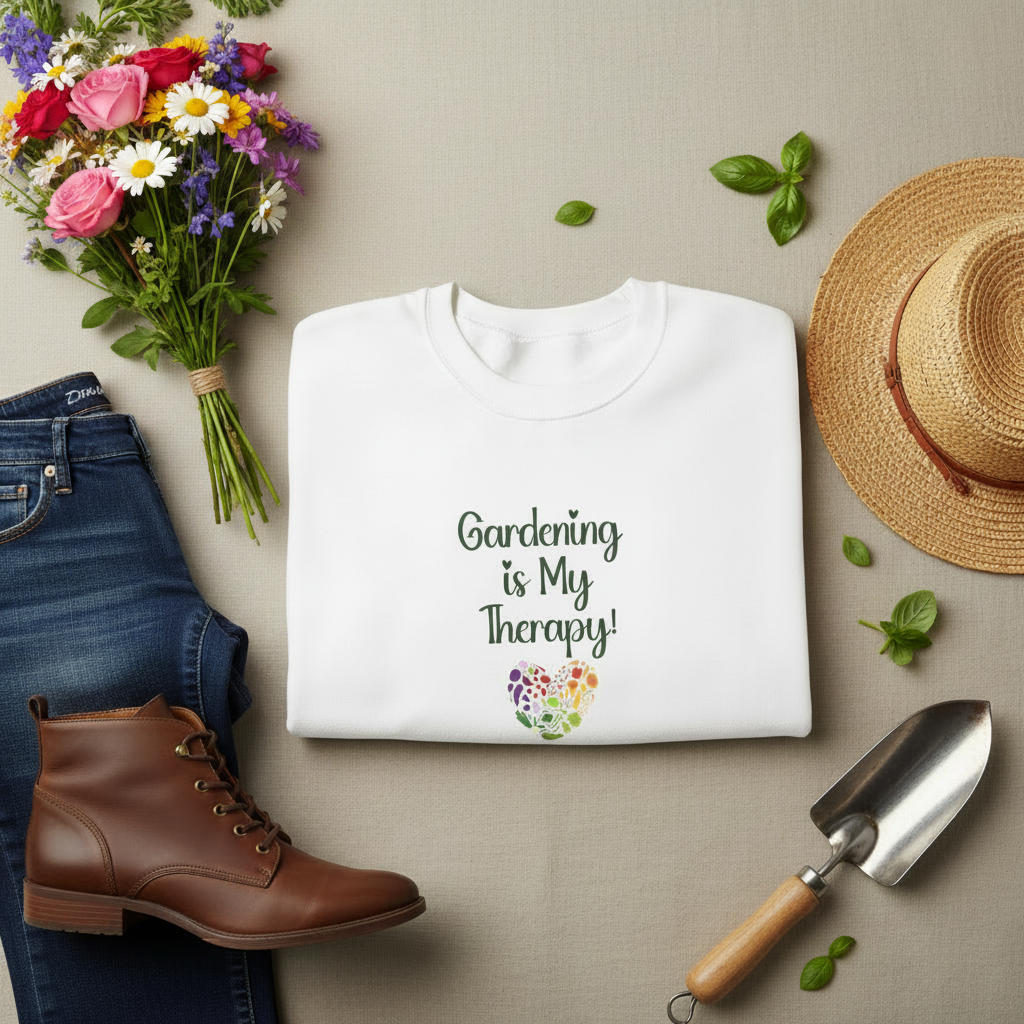 A folded white T-shirt with the printed phrase 'Gardening is My Therapy!' and a small multicolor floral heart graphic, styled in a flat lay with jeans, brown boots, a straw hat, a bouquet of flowers, mint leaves, and a small gardening trowel on a beige surface.
