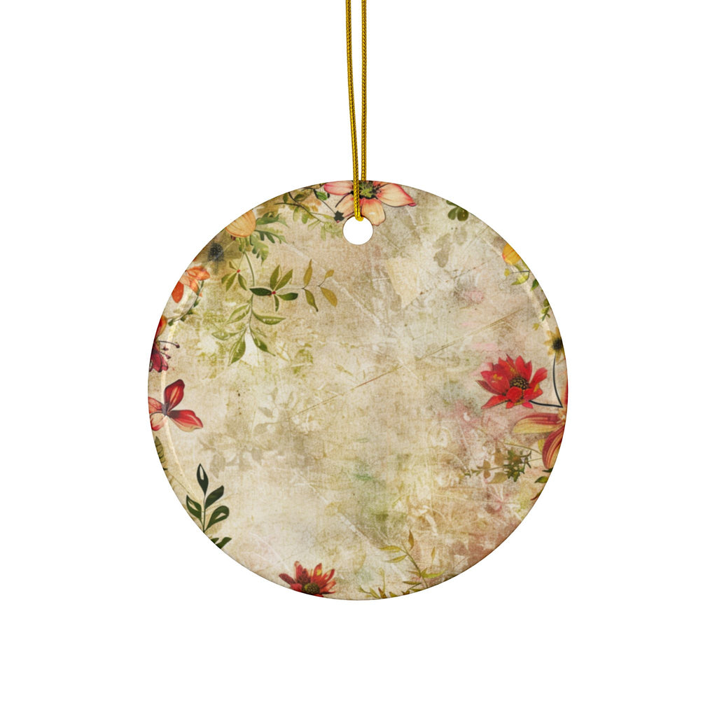 Round decorative tag with floral pattern on a white background