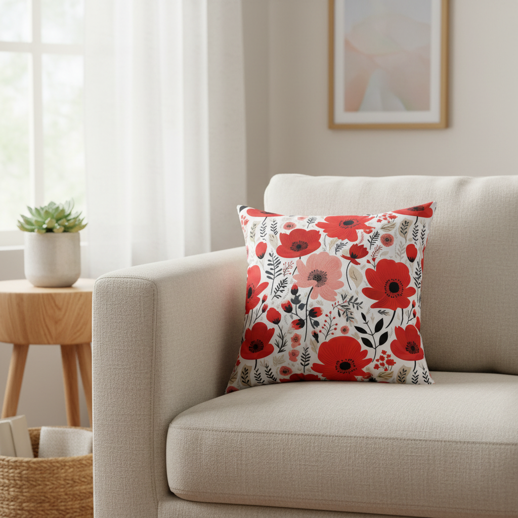 Floral pillow with red and pink flowers on a white background