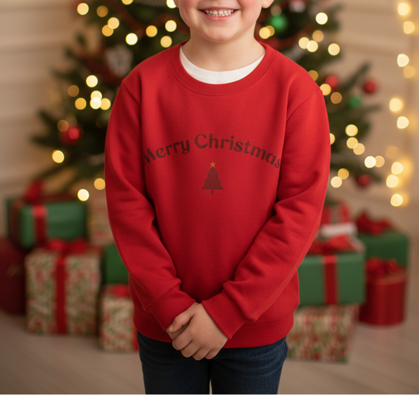 Red long-sleeve toddler pajama shirt with “Merry Christmas” and tree graphic