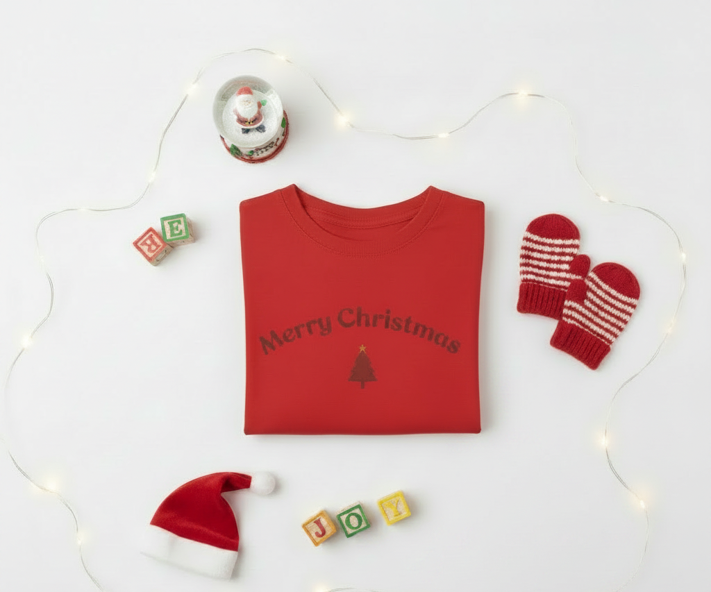 Red 'Merry Christmas' sweater with festive accessories on a white background