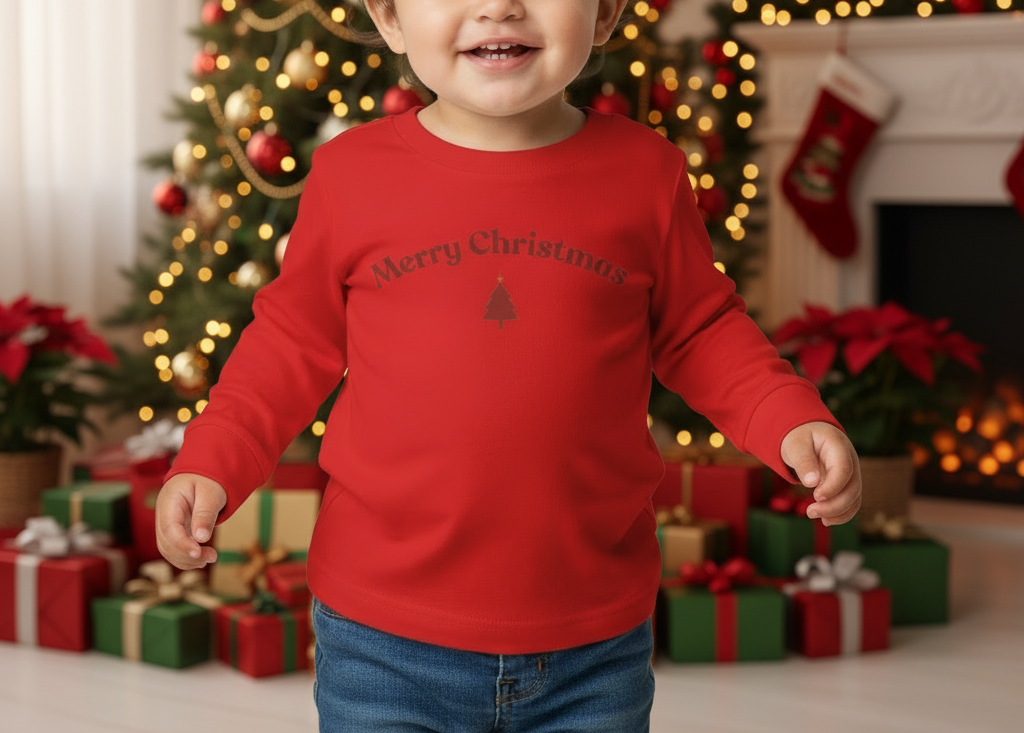 Child wearing a red 'Merry Christmas' sweater in a festive setting with a decorated tree and presents.