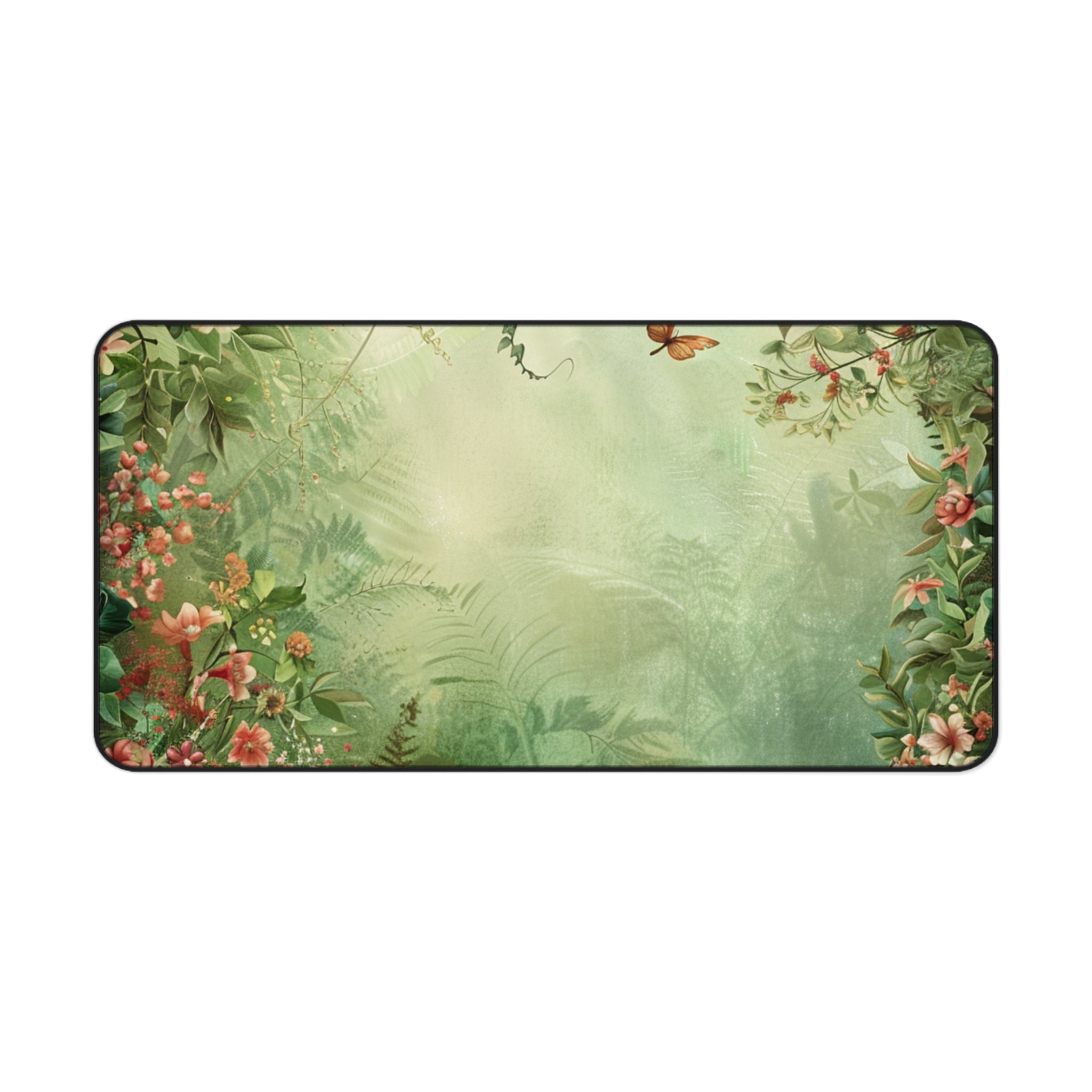 Decorative mat with floral and butterfly design on a green background