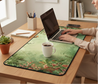 Person using a laptop on a desk with a floral mouse pad