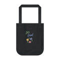 A black canvas tote bag with 'Let's Grow!' printed in green and blue script above a small cluster of colorful flowers, shown on a plain white background.