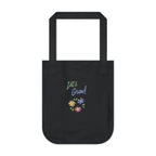 A black canvas tote bag with 'Let's Grow!' printed in green and blue script above a small cluster of colorful flowers, shown on a plain white background.