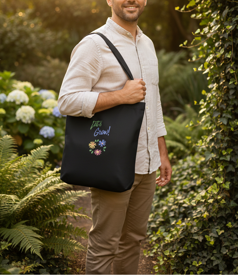 A black canvas tote bag with 'Let's Grow!' printed in green and blue script above a small cluster of colorful flowers, shown on a plain white background.
