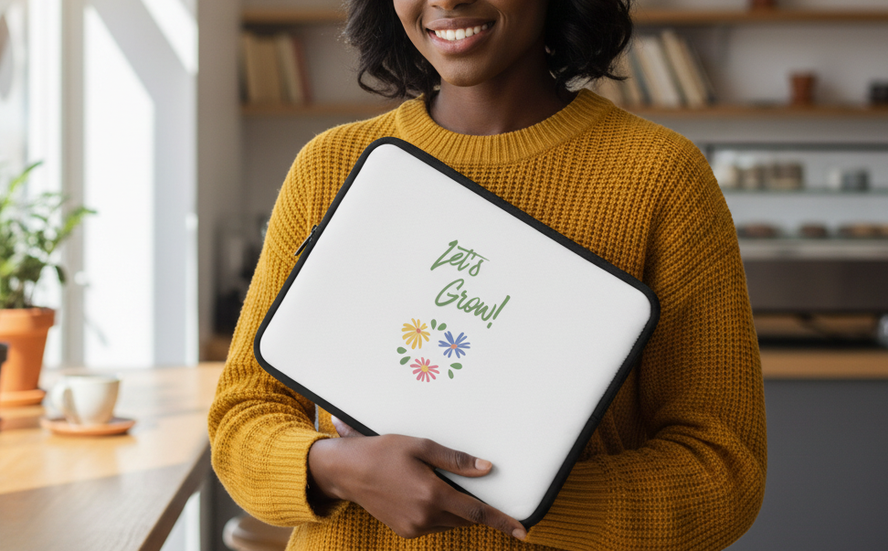 Person holding a laptop with 'Let's Grow!' text in a home setting
