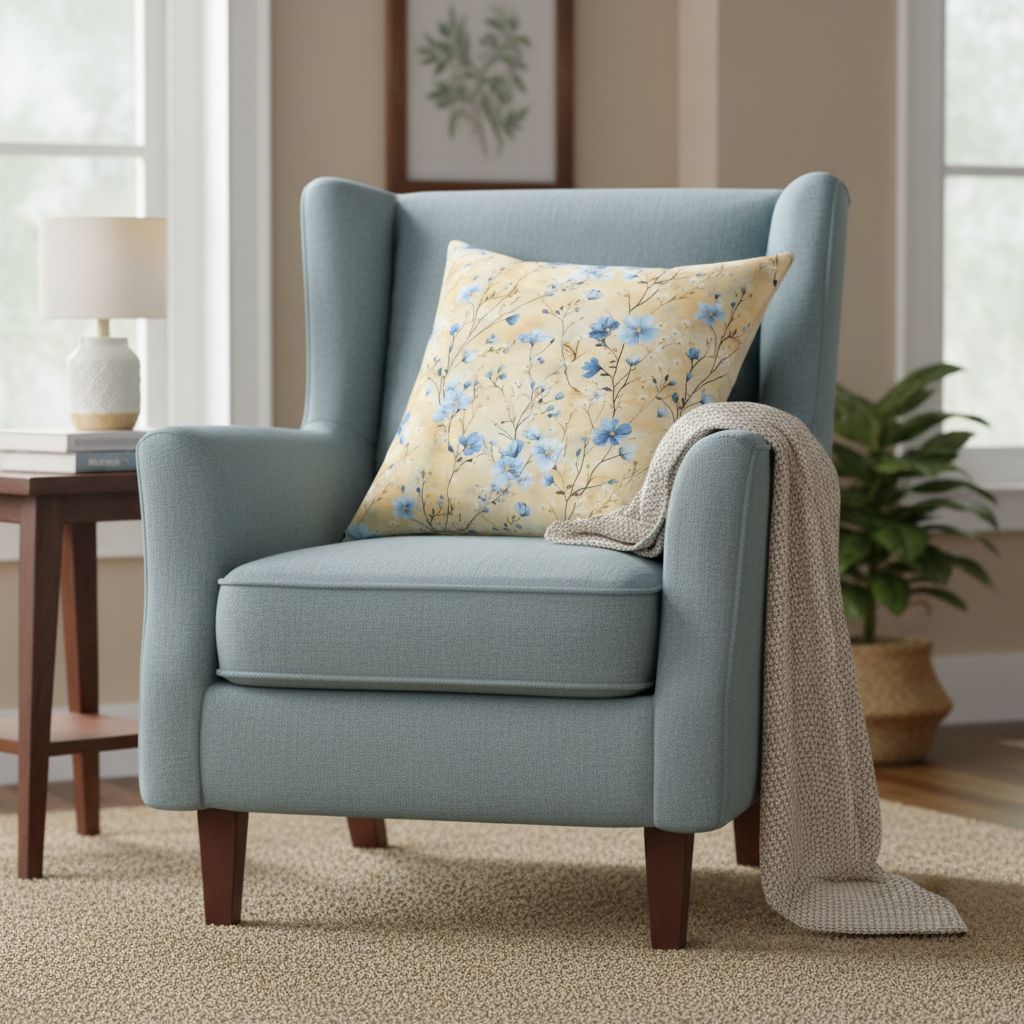 Light blue armchair with a floral pillow and blanket in a living room setting.