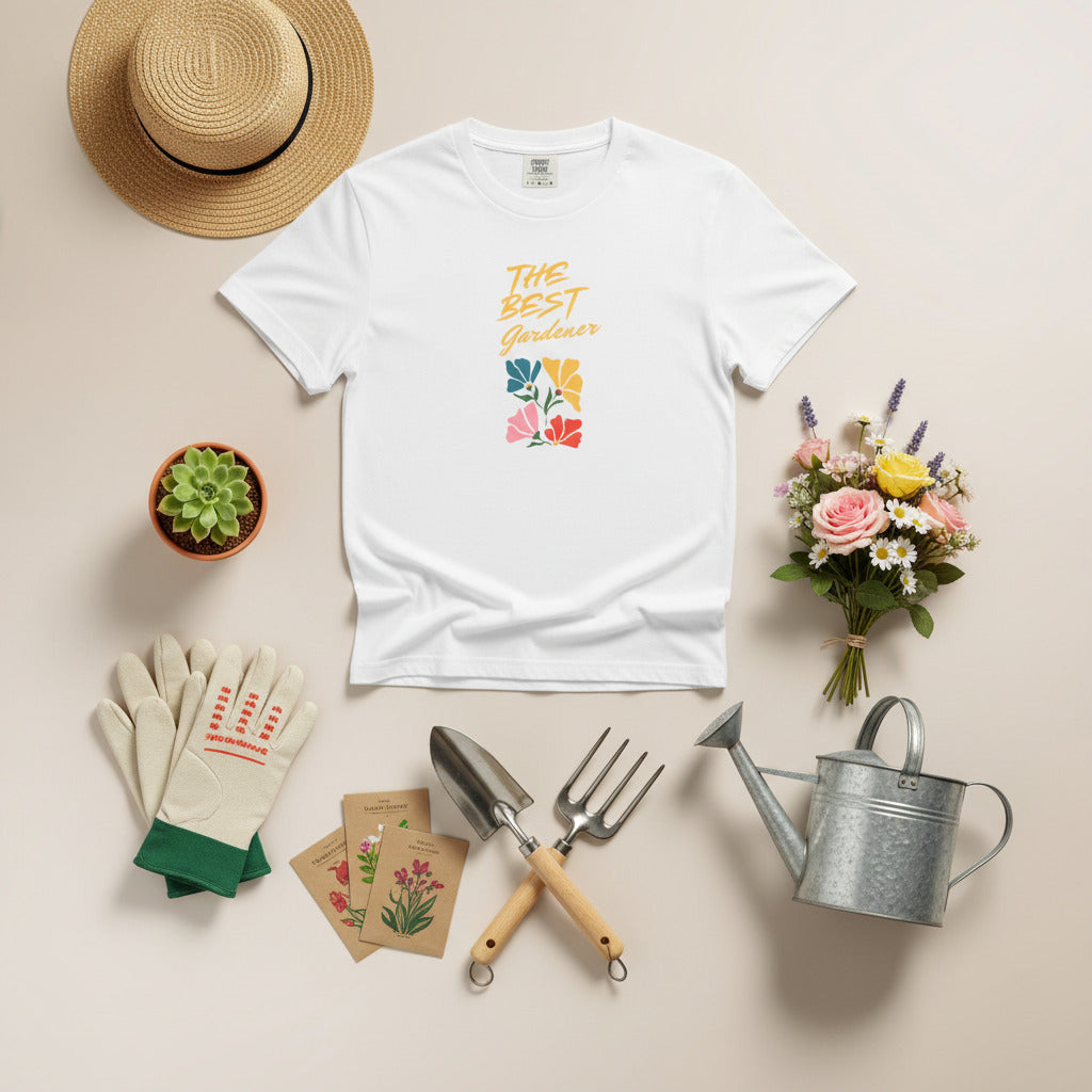 White t-shirt with floral design and text on a beige background