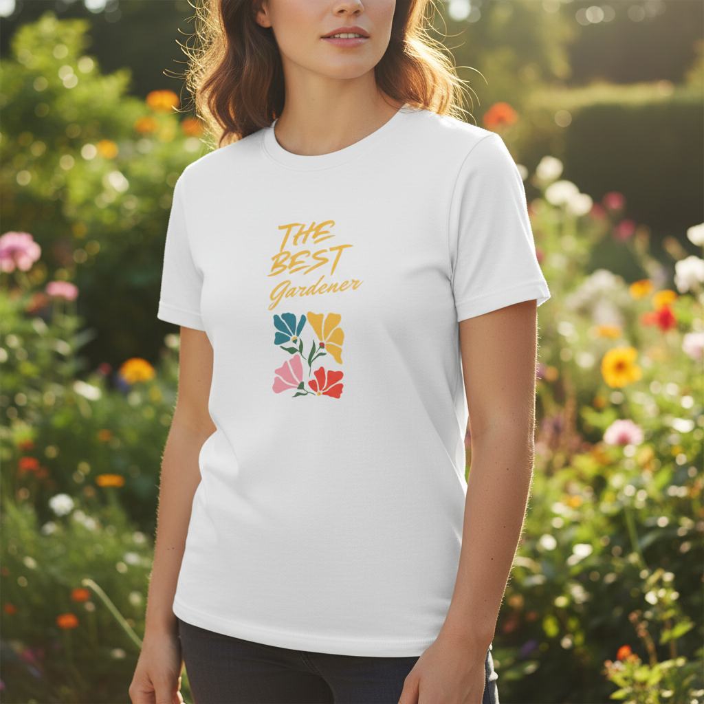 Person wearing a white t-shirt with colorful text and graphics in a garden setting