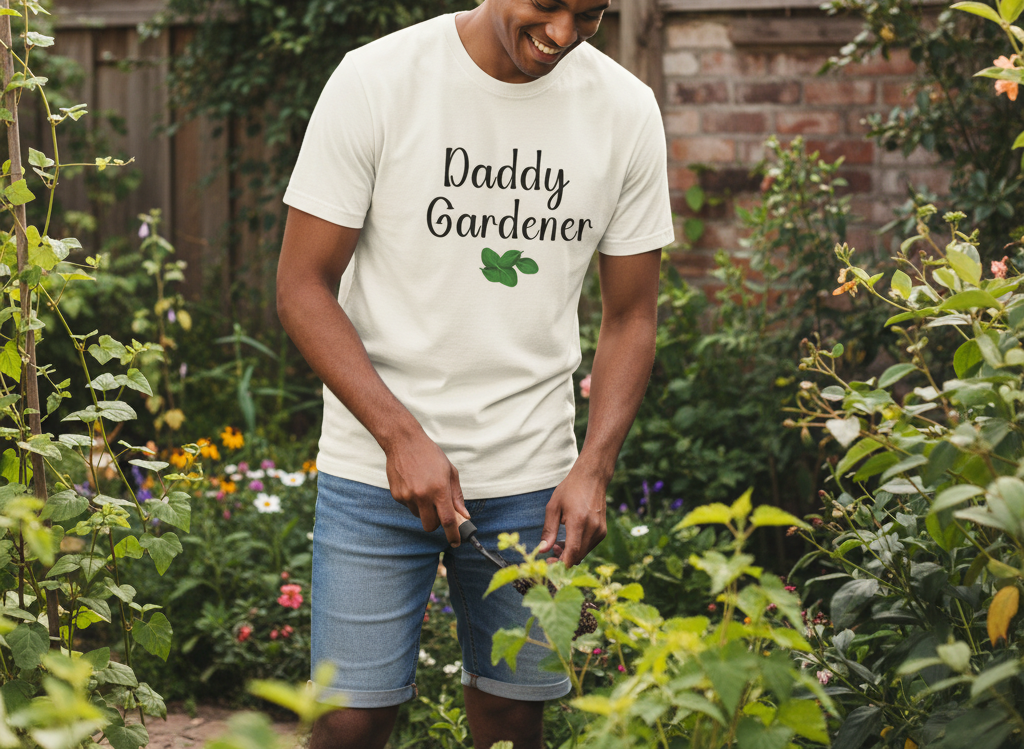 Person wearing a 'Daddy Gardener' t-shirt in a garden setting