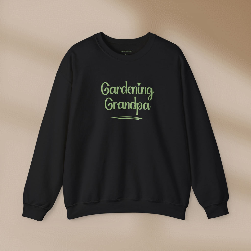 Black sweatshirt with 'Gardening Grandpa' text on a beige background