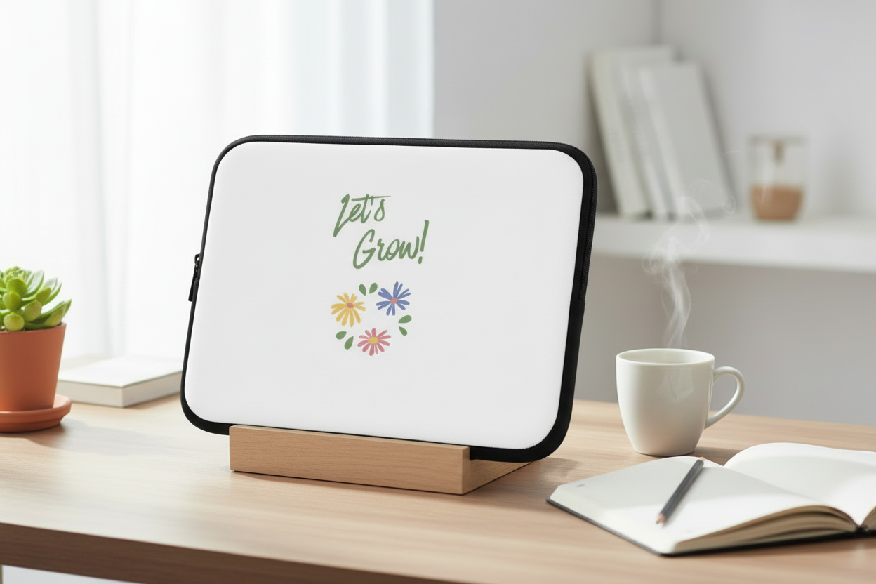 Small screen device on a wooden stand with 'Let's Grow!' text and flowers on a desk with a cup and notebook.
