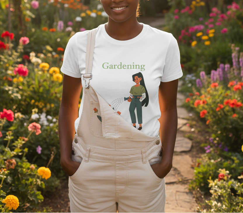 Person wearing a white t-shirt with 'Gardening' and an illustration of a person gardening, standing in a garden.