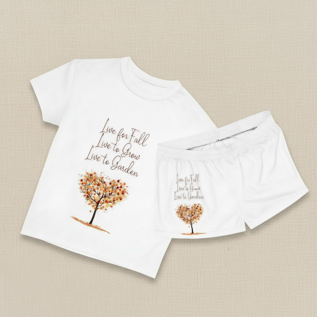White t-shirt with autumn-themed design and text on a white background