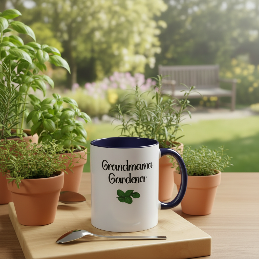 White ceramic accent mug with navy handle and rim, Grandmama Gardener text and clover