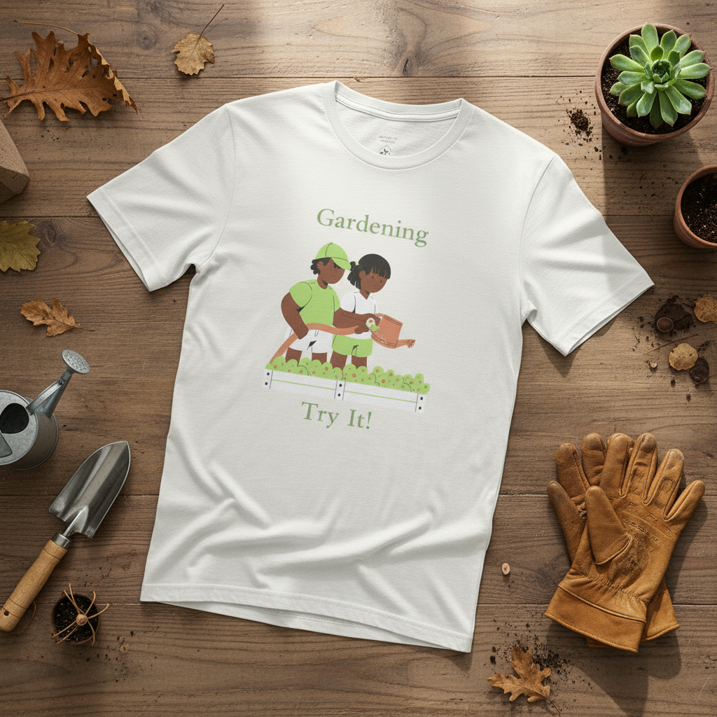 White t-shirt with gardening graphic and text on a wooden surface with gardening tools and plants.