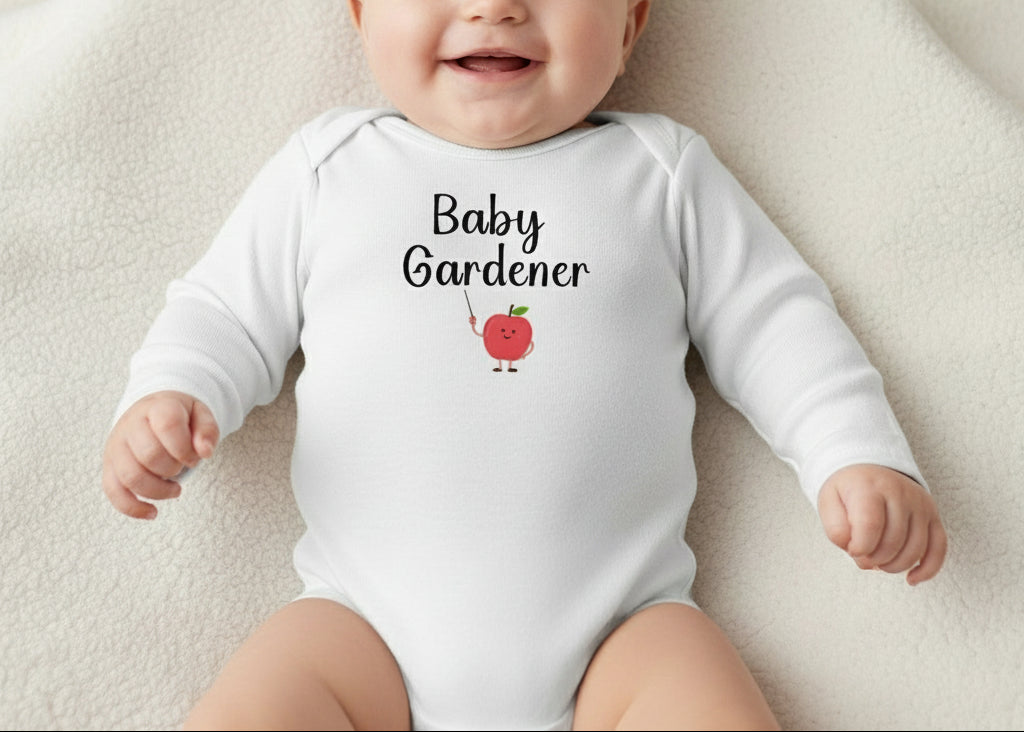 White baby onesie with 'Baby Gardener' text and an apple graphic on a white background