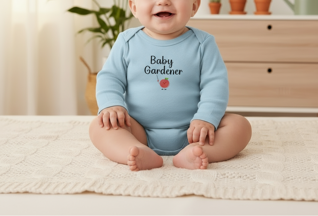 Baby wearing a light blue onesie with 'Baby Gardener' text and a tomato graphic, sitting on a beige blanket.