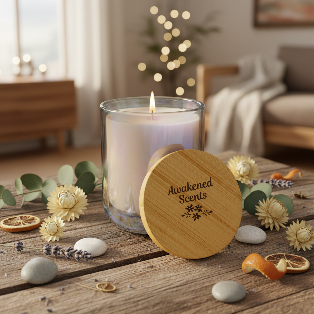 Candle with wooden lid labeled 'Awakened Scents' on a wooden surface with decorative elements.