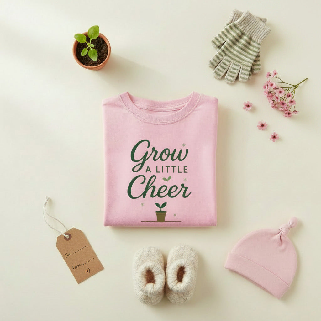 Pink long-sleeve shirt with 'Grow a Little Cheer' text on a beige background