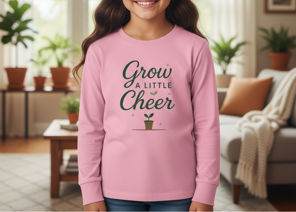 Person wearing a pink sweatshirt with 'Grow a Little Cheer' text in a home setting