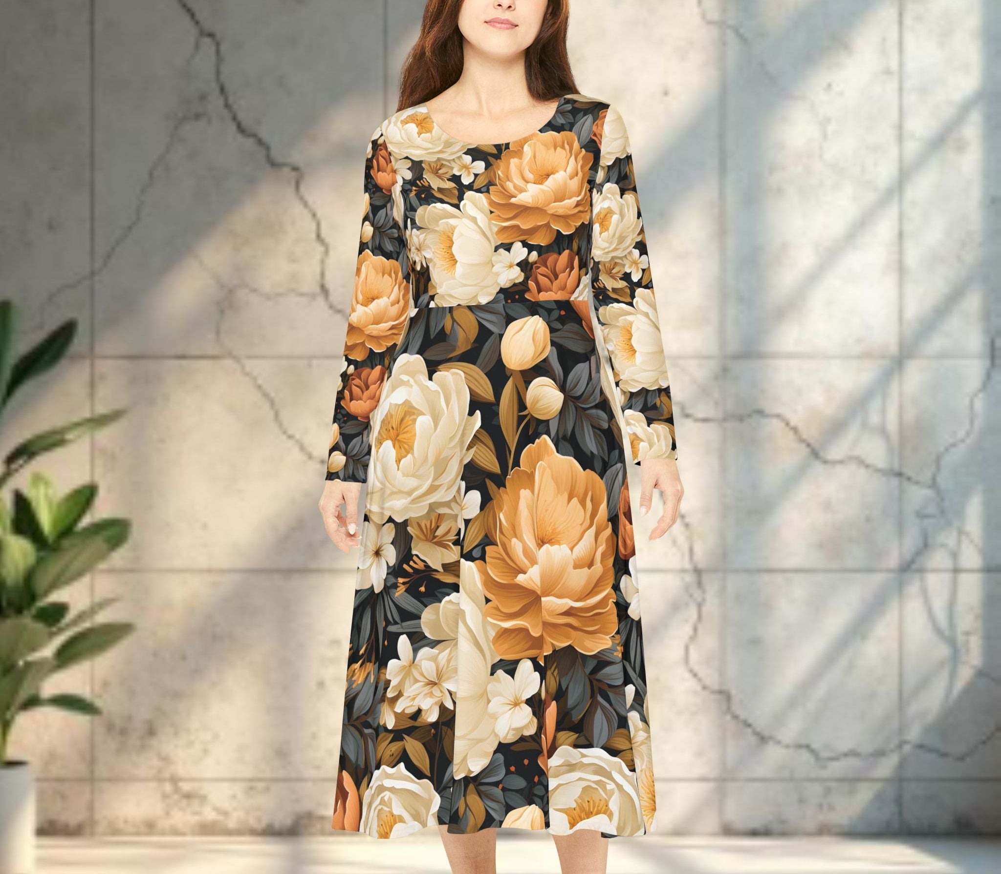 Woman wearing a floral dress with a neutral background