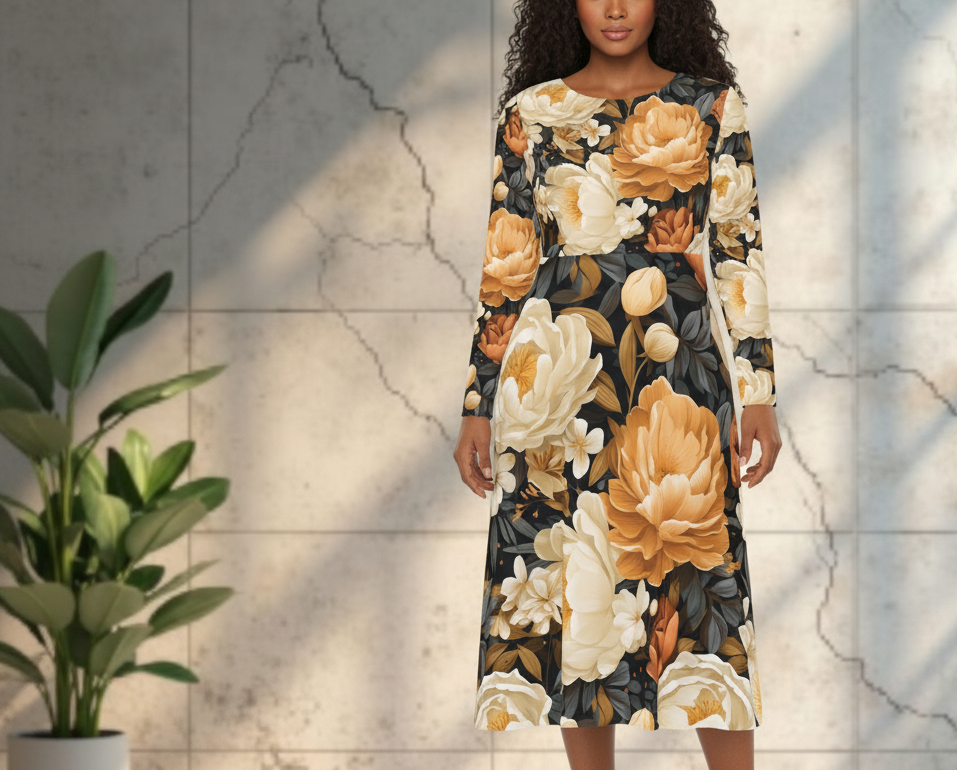 Woman wearing a floral dress standing against a light-colored wall with a plant on the left.