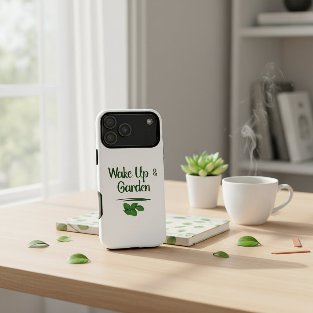 Phone case with 'Wake Up & Garden' text and leaf design on a white background