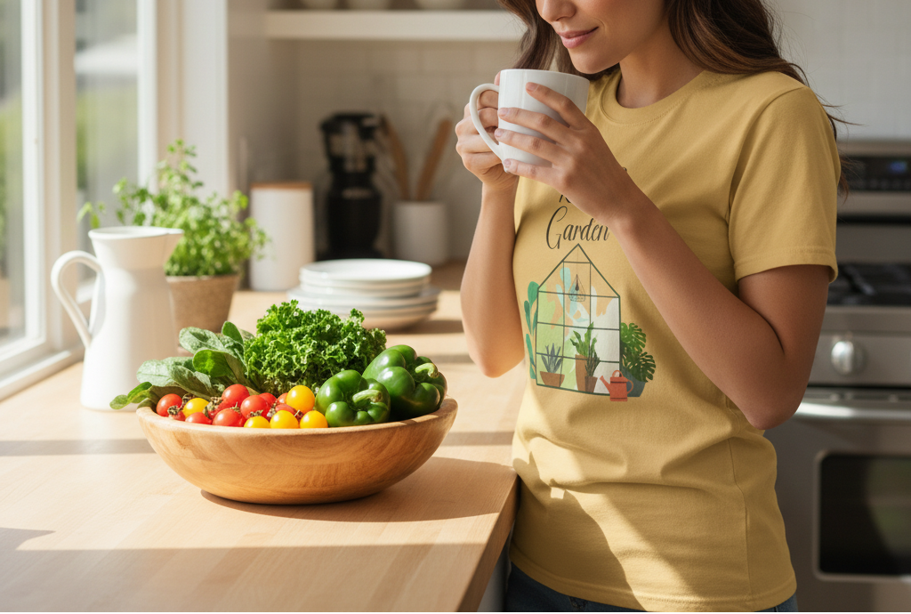 Beige t-shirt with 'Rise & Garden' design featuring plants on a beige background