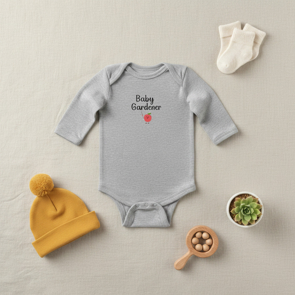 Gray baby onesie with 'Baby Gardener' text and an apple graphic on a white background