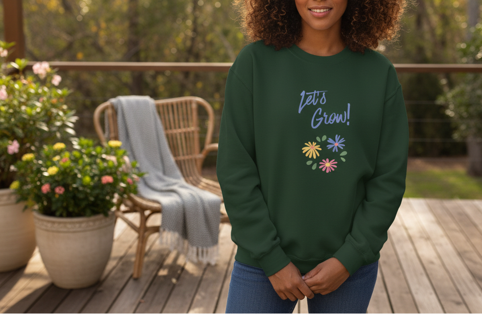 Person wearing a green sweatshirt with floral designs and text, standing on a wooden deck with plants and furniture.