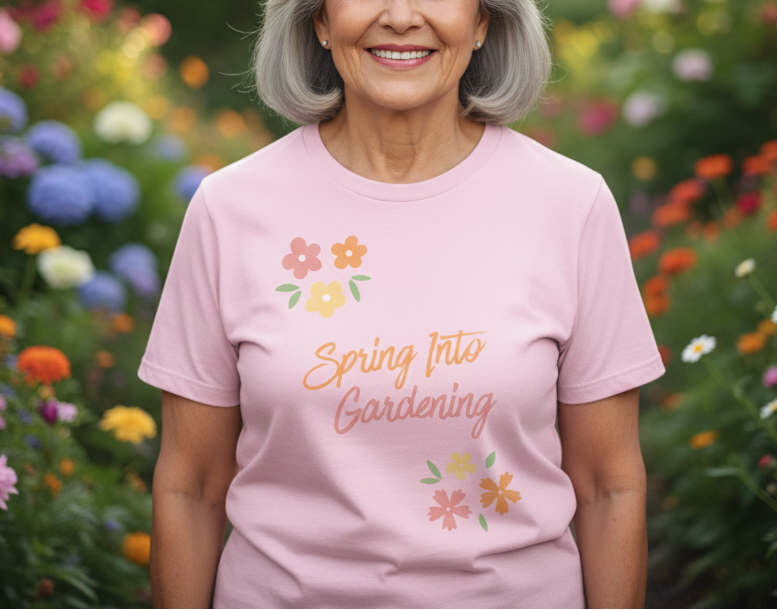Woman wearing a pink t-shirt with 'Spring into Gardening' text and floral designs, standing in a garden.