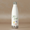White insulated bottle with 'Let's Grow!' text and floral designs on a white background